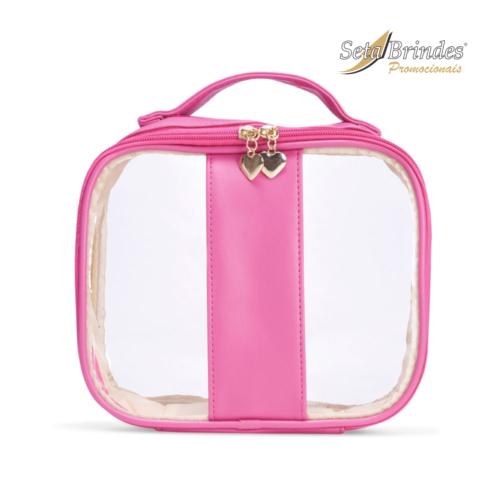 necessaire em pvc e pu rosa